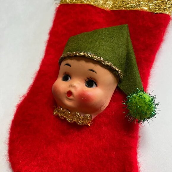 Mini Christmas Stocking with Dolly Face Holiday Decor Xmas Vintage Handmade - Picture 4 of 5